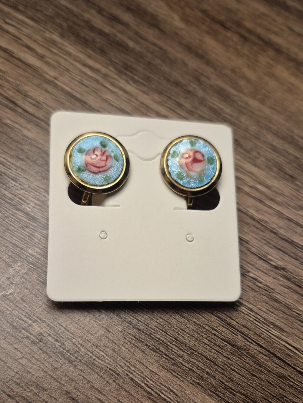 Vintage Rose Blue Guilloche Enamel Earrings, Enamel Earrings, Screw Back